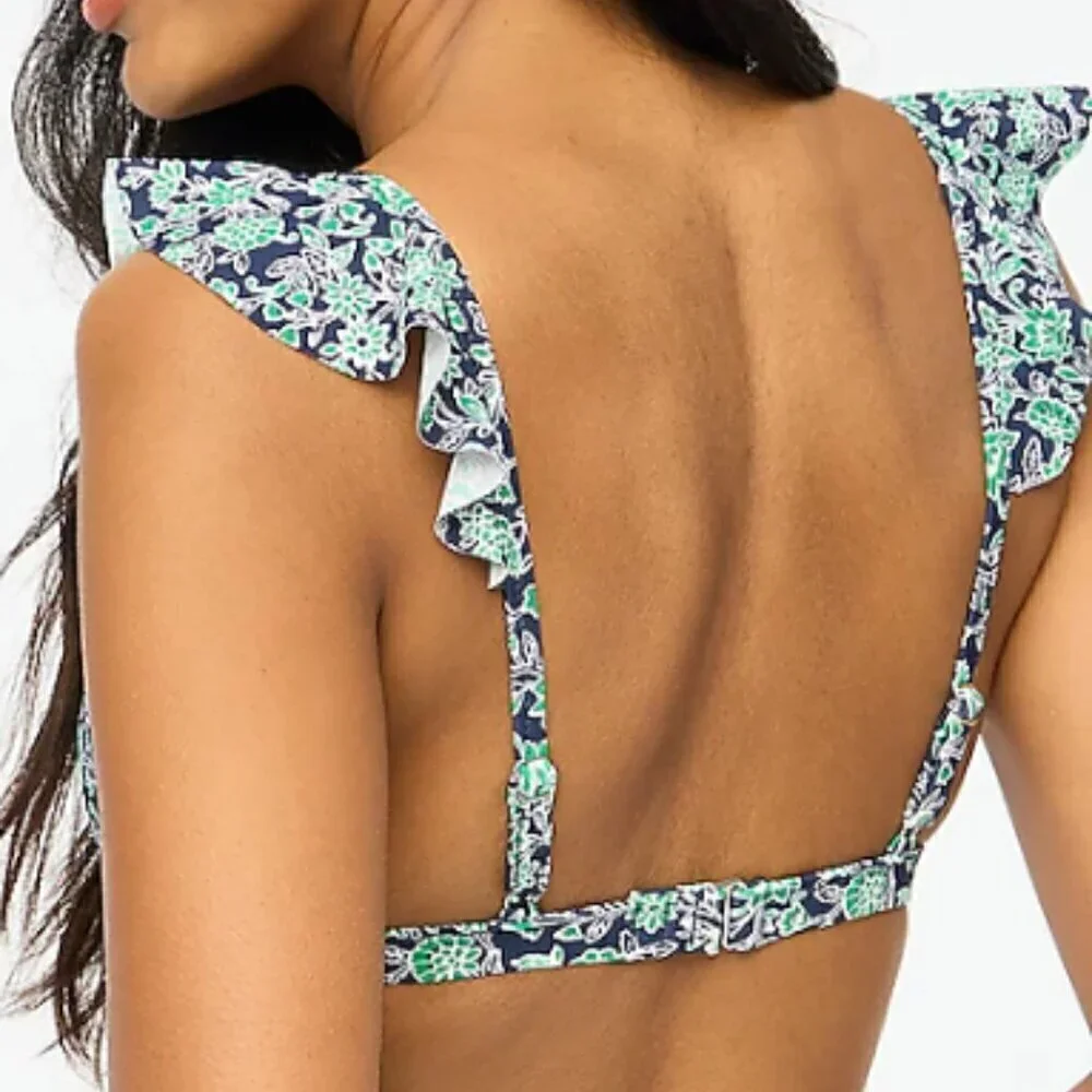 J.Crew Floral Ruffle Shoulder Bikini Top Navy Green Size Small NWT Swimwear Swim